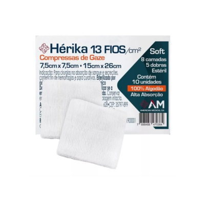 COMPRESSA DE GAZE HÉRIKA ESTÉRIL 7.5CM X 7.5CM COM 10UN AMERICA